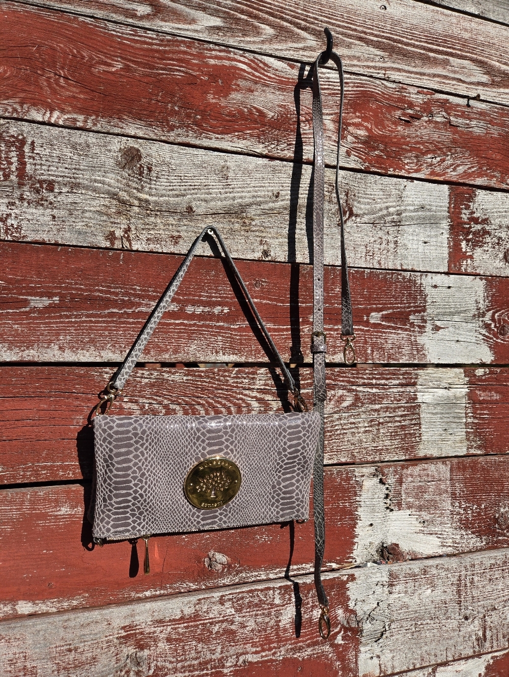Mulberry Taupe Snake-Embossed Crossbody with Gold Logo Medallion